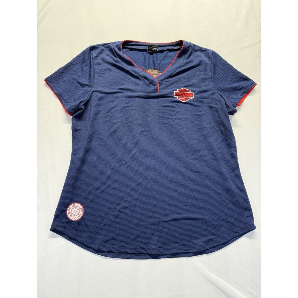 Harley Davidson Womens V-Neck Tee Blue red Trim XL T-Shirt Embroidered Logo